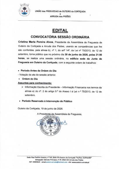 EDITAL - ASSEMBLEIA DE FREGUESIA 30 DE JUNHO 2026